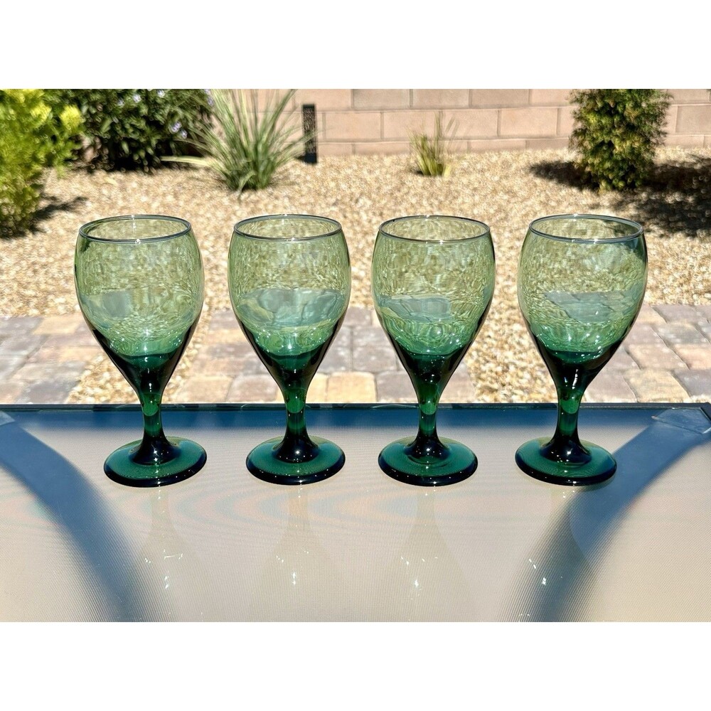 4 Vintage Libbey Teardrop Juniper Green Wine Glasses w/ Gold Trim Goblets 7"